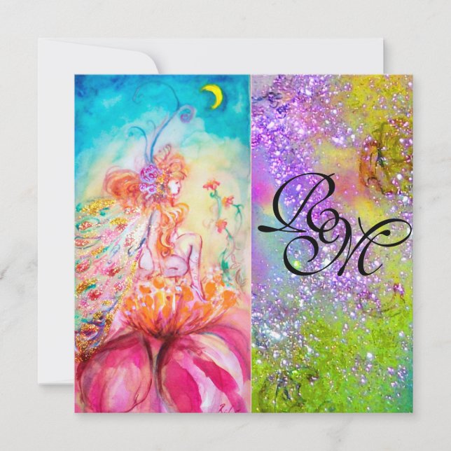 ALTHEA/Flower Fairy,Green Purple Sparkles Monogram Invitation (Front)