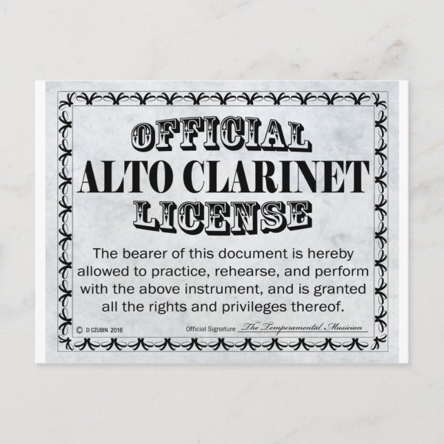 Alto Clarinet License Postcard (Front)