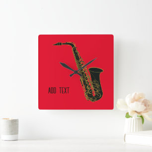 Alto Saxophone on Red Personalizable Square Wall Clock