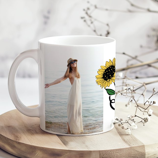 "Always Be Your Own Sunshine" 2 Custom Photos  Coffee Mug ("Always Be Your Own Sunshine" 2 Custom Photos Coffee Mug on a boho kitchen table with tiny flowers)