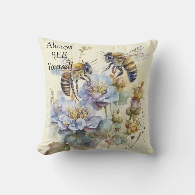 Always BEE Yourself, Bees and Blue Flowers Throw C Cushion (Front)