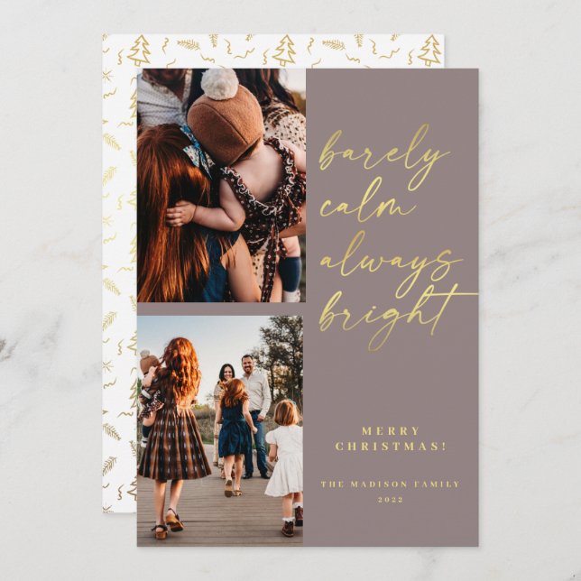 Always Bright Gold Script 2 Photo Christmas  Holid Holiday Card (Front/Back)