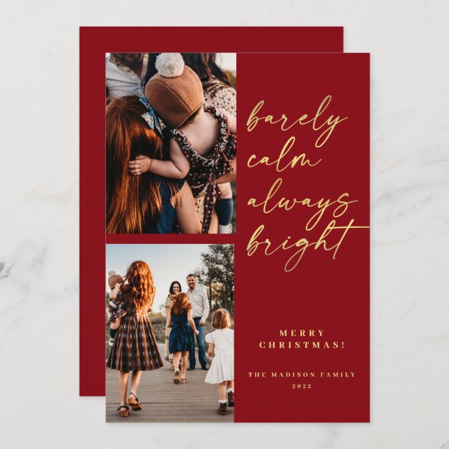 Always Bright Gold Script Photo Red Christmas  Holiday Card (Front/Back)
