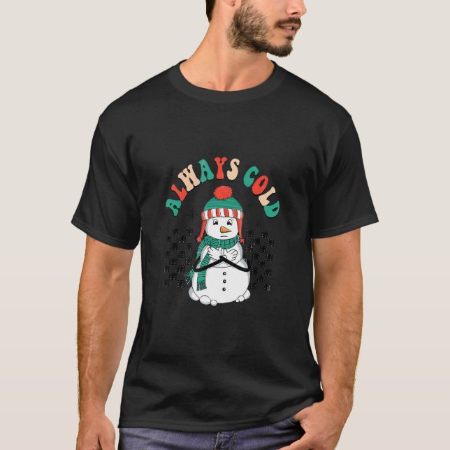 Always Cold Cute Snowman Checkerboard Christmas T-Shirt (Front)