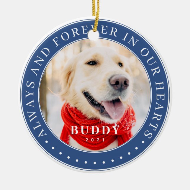 Always & Forever in our Hearts Memorial Pet Photo Ceramic Ornament (Front)