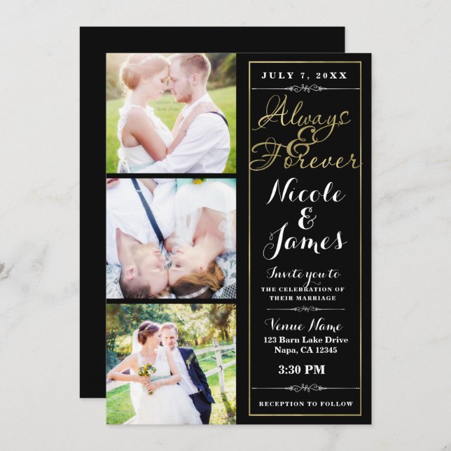 ALWAYS & FOREVER Modern 3 Photo Black Gold Wedding Invitation (Front/Back)