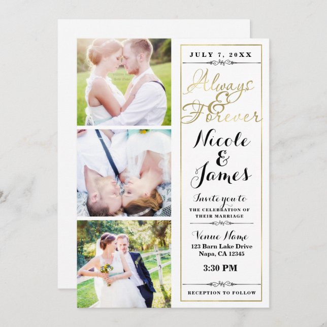 ALWAYS & FOREVER Modern 3 Photo White Gold Wedding Invitation (Front/Back)
