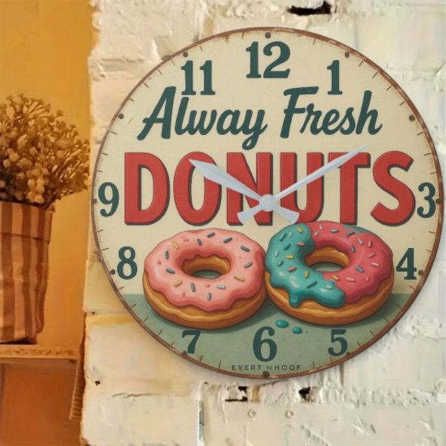  Always fresh donuts sweet kitchen shop Large Clock (Creator Uploaded)