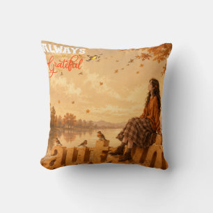 Always Grateful Autumn Girl Sitting on Autumn Cushion
