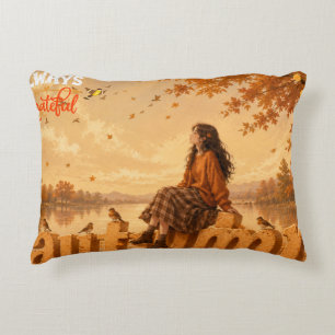 Always Grateful Autumn Girl Sitting on Autumn Decorative Cushion