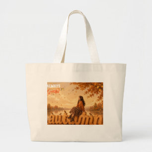 Always Grateful Autumn Girl Sitting on Autumn Large Tote Bag