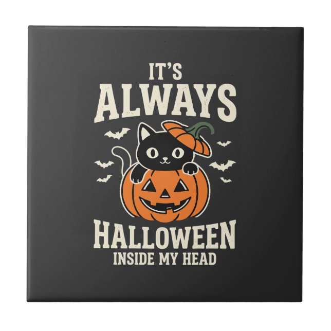 Always Halloween Black Cat Pumpkin Design Ceramic Tile (Front)