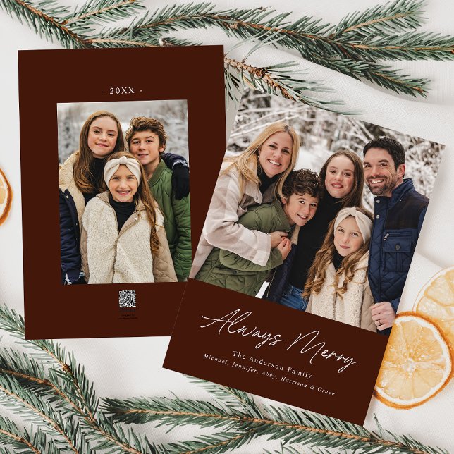 Always Merry Brown Minimalist 2 Photo Holiday Card (Creator Uploaded)