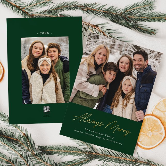 Always Merry Green Minimalist 2 Photo Foil Holiday Card (Creator Uploaded)