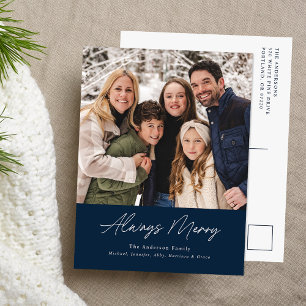 Always Merry Navy Minimalist Photo Holiday Postcard