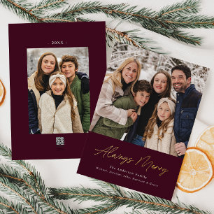 Always Merry Wine Minimalist 2 Photo Foil Holiday Card