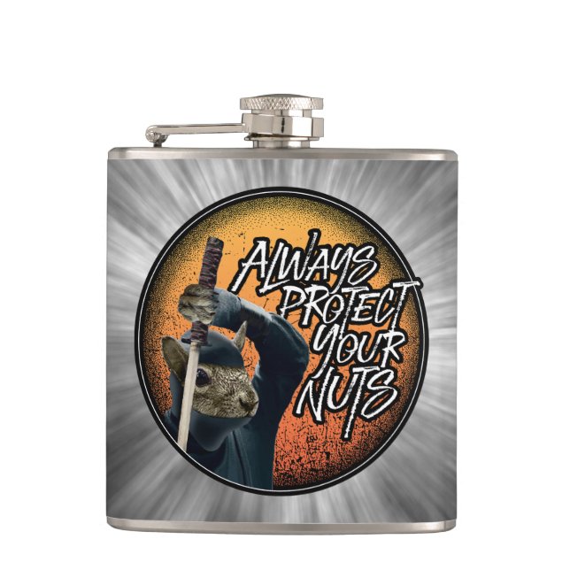 Always Protect Your Nuts - funny ninja squirrel Hip Flask (Front)