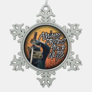 Always Protect Your Nuts - funny ninja squirrel Snowflake Pewter Christmas Ornament