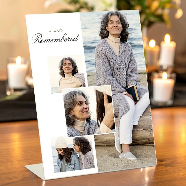 Always Remembered — Modern Memorial Photo Collage Pedestal Sign (Always Remembered — Modern Memorial Photo Collage Pedestal Sign, Loss of Mom Gift)