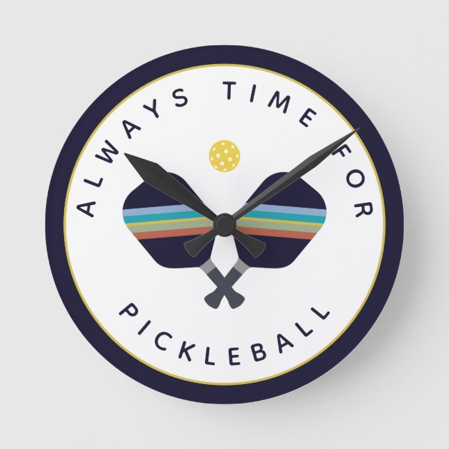 Always Time for Pickleball Paddles Blue Yellow Round Clock (Front)