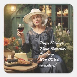Always time for wine Happy Holidays Lady Square Sticker