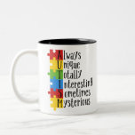 always unique autism awarenes Two-Tone coffee mug<br><div class="desc">Always unique totally interesting Autism awareness shirt is a cool design. This cute autism awareness t-shirt is a great idea for Anniversary gift ideas, birthday, mothers day, fathers day, Thanksgiving, Christmas, or Halloween. Wear this T-Shirt for Party days. Enjoy wearing it and show your love and kindness. Perfect gift for...</div>