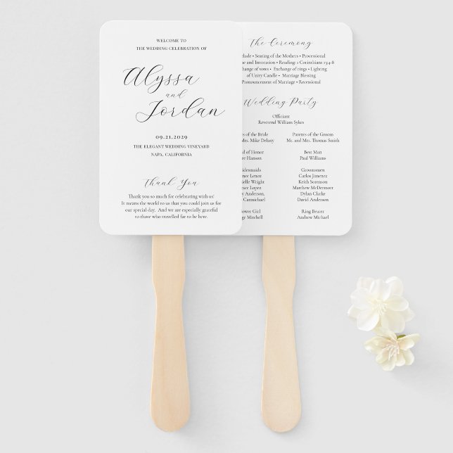Alyssa Calligraphy Elegant Wedding Program Hand Fan (Front and Back)