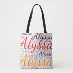 Alyssa Tote Bag<br><div class="desc">Alyssa. Show and wear this popular beautiful female first name designed as colourful wordcloud made of horizontal and vertical cursive hand lettering typography in different sizes and adorable fresh colours. Wear your positive american name or show the world whom you love or adore. Merch with this soft text artwork is...</div>