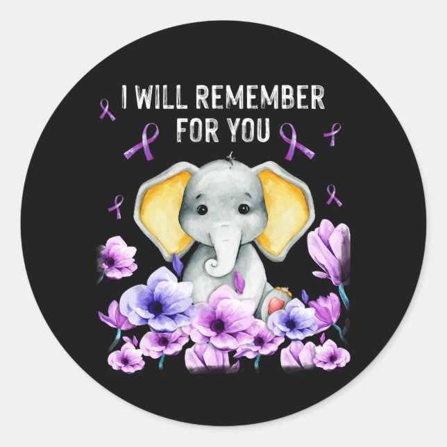 Alzheimer Awareness Cute Elephant I Will Remember  Classic Round Sticker (Front)