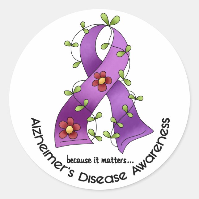 ALZHEIMER’S DISEASE AWARENESS Flower Ribbon 1 Classic Round Sticker (Front)
