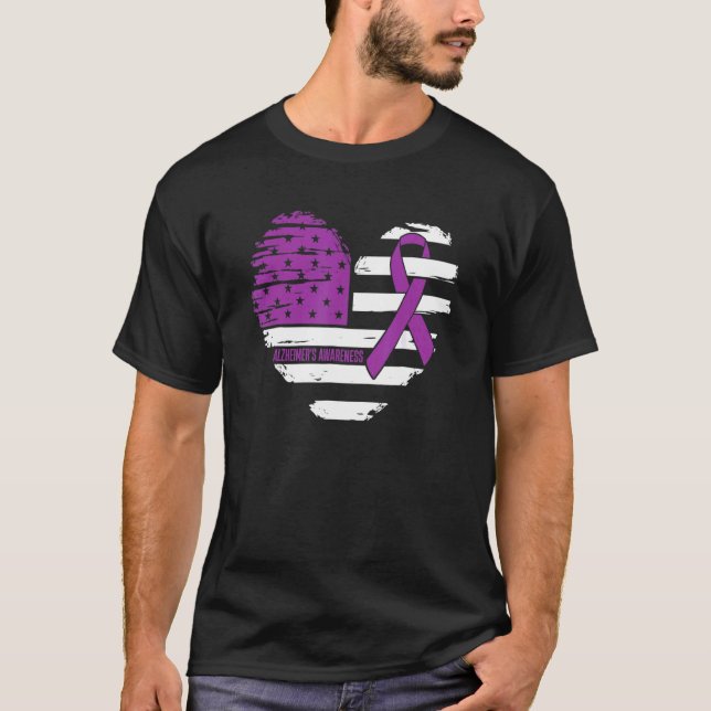 Alzheimer's Awareness Warrior USA Flag Heart Purpl T-Shirt (Front)