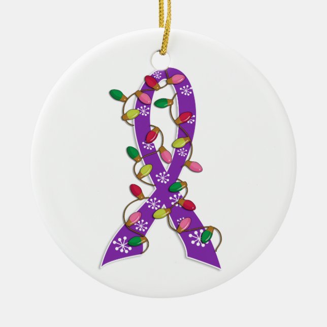 Alzheimer's Disease Christmas Lights Ribbon Ceramic Ornament (Front)