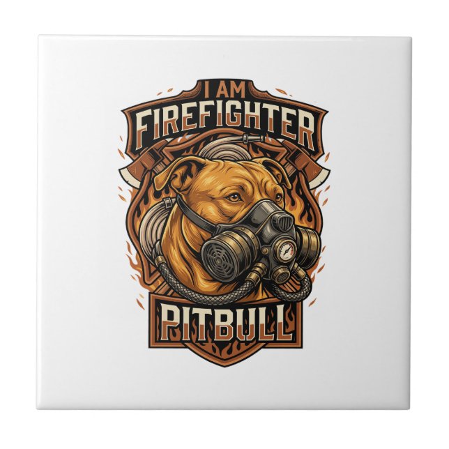 Am Firefighter Pitbull Dog Gas Mask Shield Ceramic Tile (Front)