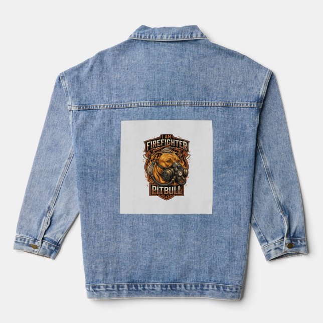 Am Firefighter Pitbull Dog Gas Mask Shield Denim Jacket (Back)