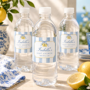 Amalfi Blue White Stripes Chic Lemon Baby Shower Water Bottle Label