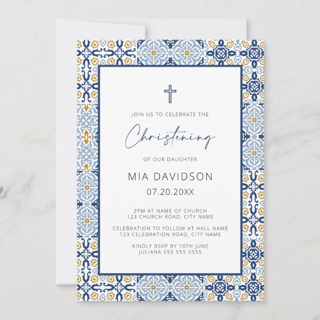 Amalfi Blue Yellow Tile Mediterranean Christening  Invitation (Front)
