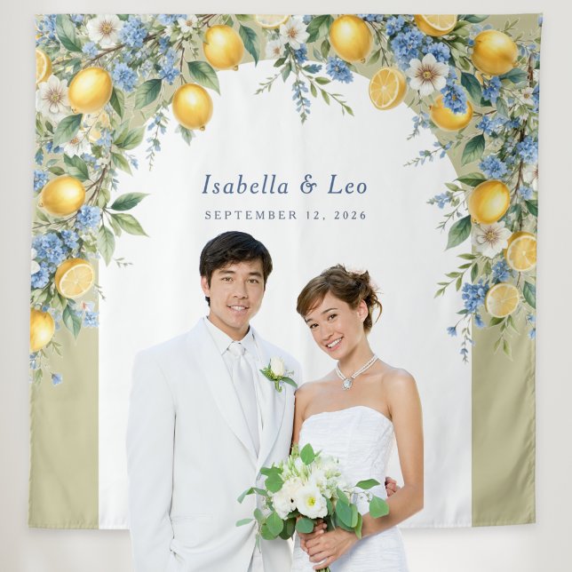 Amalfi Citrus Lemons Personalised Wedding Backdrop Tapestry (A wedding backdrop with Amalfi lemons arch design, with newlyweds' names and wedding date)