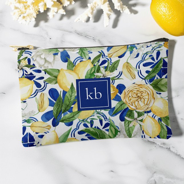 Amalfi Coast Blue Tile Lemon Monogram Accessory Pouch (Creator Uploaded)