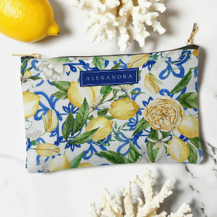 Amalfi Coast Blue Tile Lemon Personalized Accessory Pouch