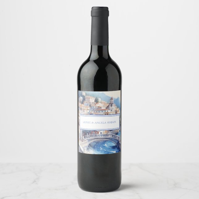 Amalfi Coast Blue Tiles Italy Personalised Photo Wine Label (Front)