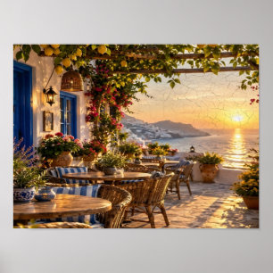 Amalfi Coast Cafe Terrace Sunset Art Poster