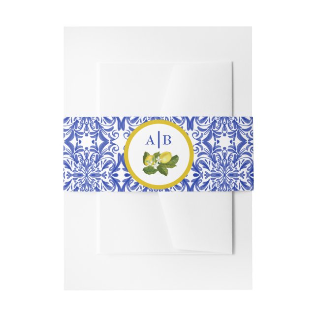 Amalfi Coast I Italian Lemon & Blue Tile Mongram Invitation Belly Band (Front Example)