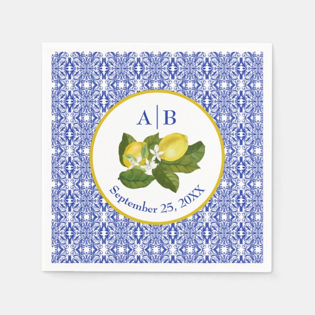 Amalfi Coast I Italian Lemon & Blue Tile Mongram Napkin (Front)