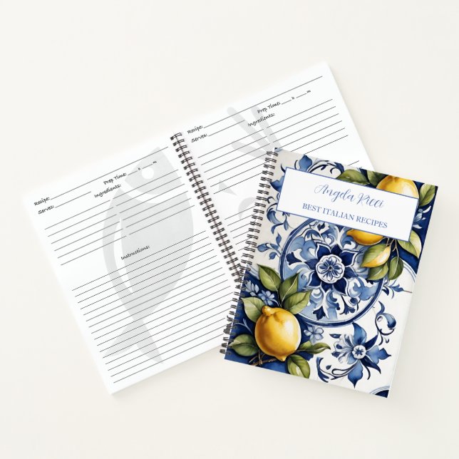 Amalfi Coast Italian Blue Tiles Lemon Cookbook Notebook (Inside)
