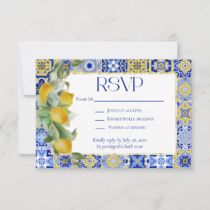 Amalfi Coast Italian Blue Tiles Lemons Wedding RSVP Card