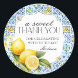 Amalfi Coast Italian Dessert Favour Sticker<br><div class="desc">Transport yourself to the sun-kissed shores of the Mediterranean with our Amalfi Coast theme party decor. Embrace the vibrant charm of Italy's picturesque coastline with our signature collection featuring bright blue tiles and zesty lemons, Infused with the essence of Positano and Tuscan allure reminiscent of the Mediterranean seascape. Whether you're...</div>