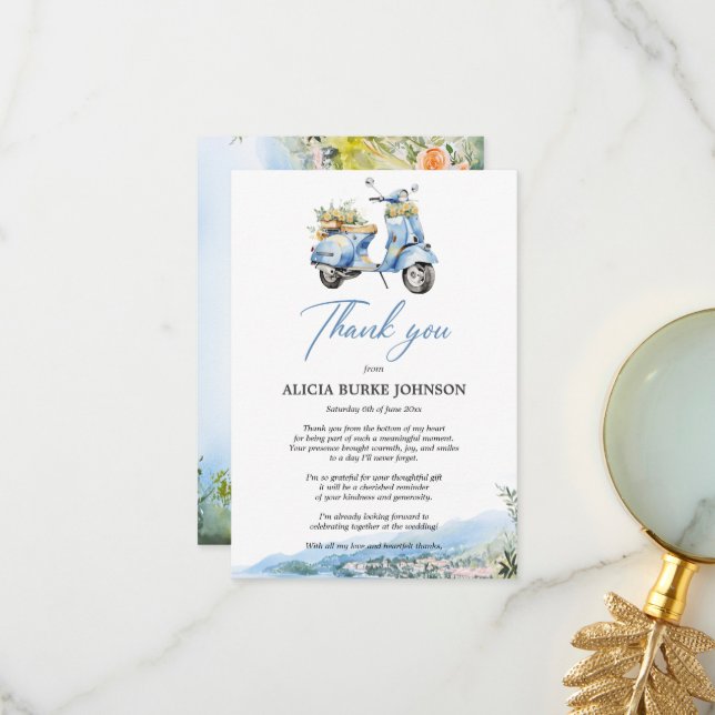 Amalfi Coast Italy Blue Vespa Flat Thank You Card (Front/Back In Situ)