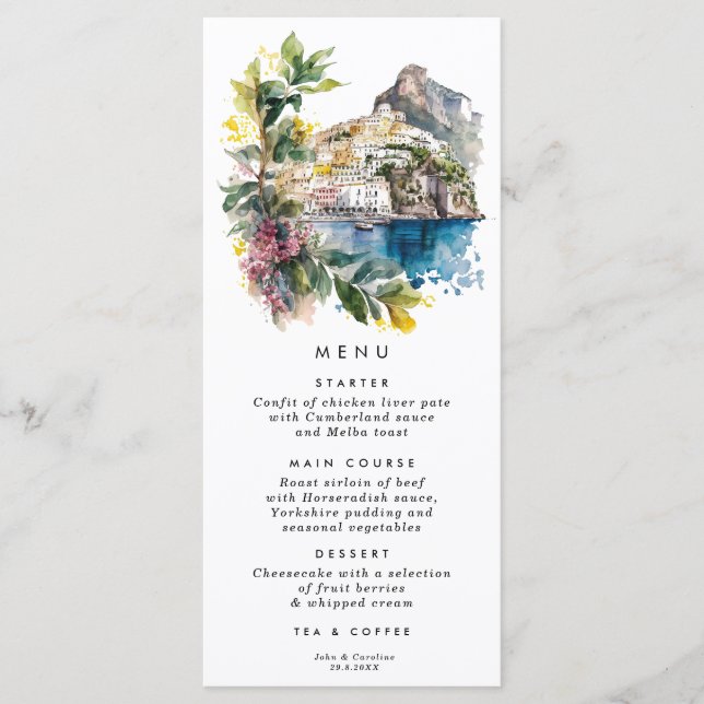 Amalfi Coast Italy floral wedding menu cards (Front)