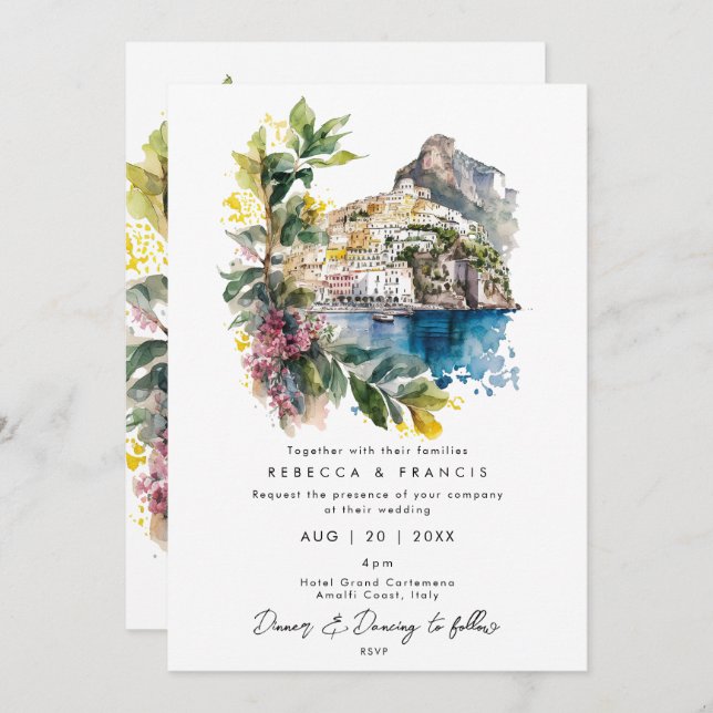 Amalfi Coast, Italy florals wedding invitation (Front/Back)