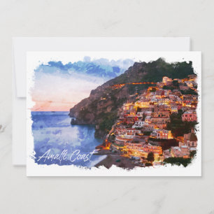 Amalfi Coast Italy Watercolor Coastline Positano Card